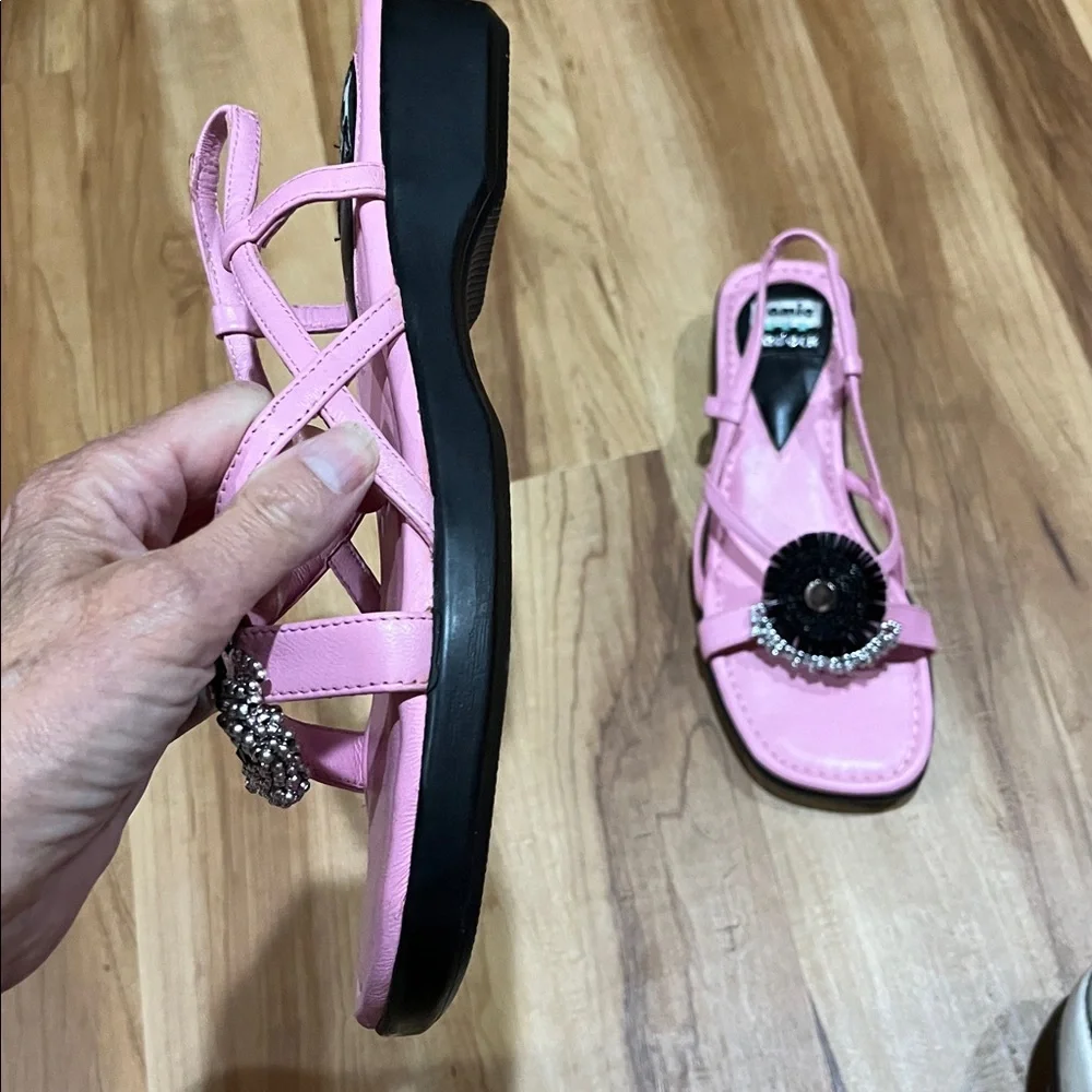 jamie sadock Pink Slingback Sandals with Black Beaded Medallions